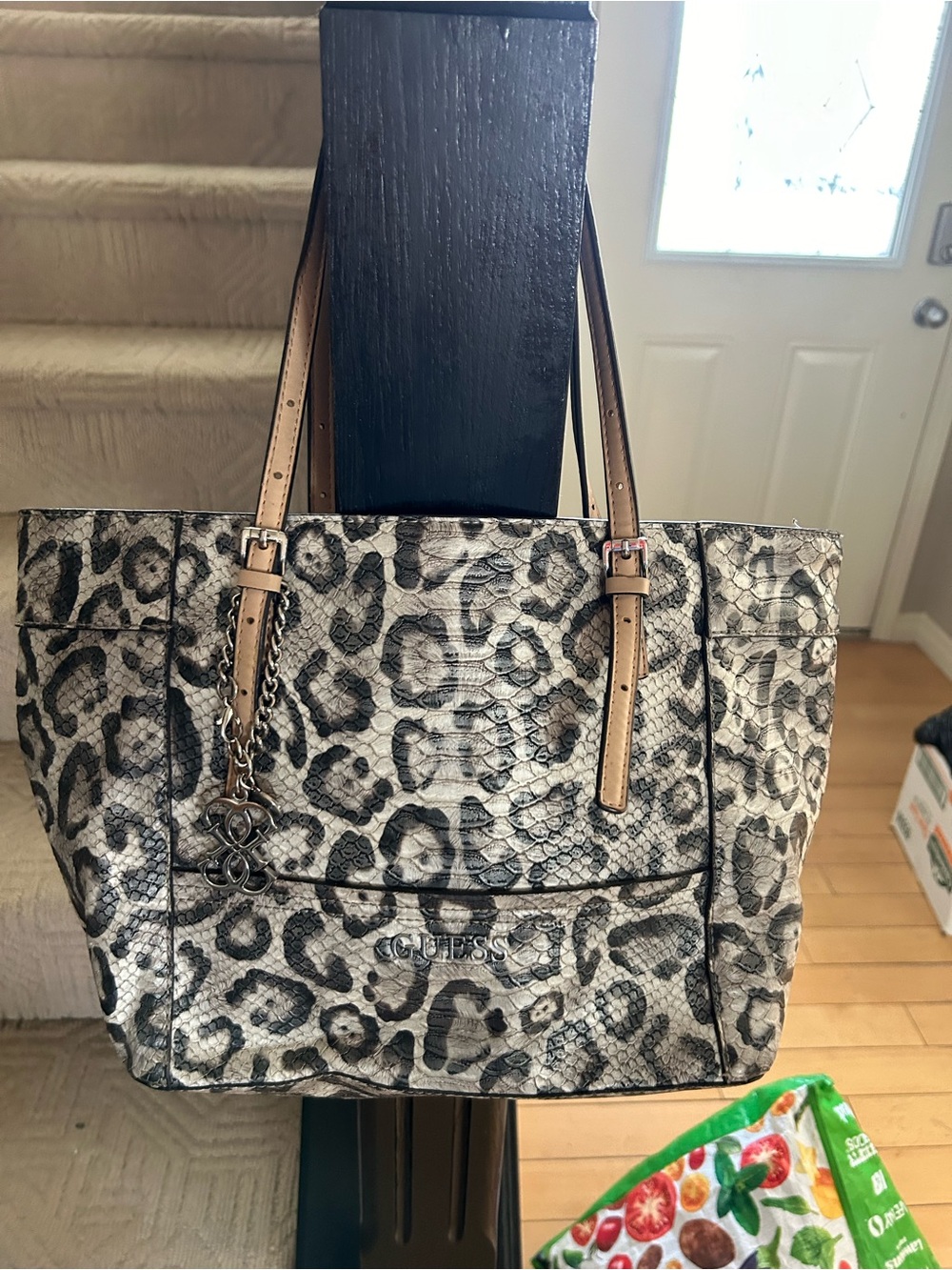 GUESS Leopard-Print Tote in Black, Cream & Tan Straps